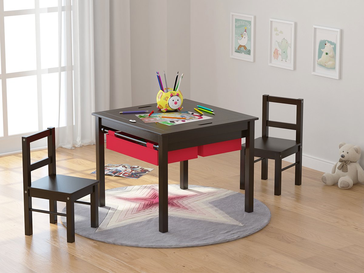 UTEX Wooden 2 in 1 Kids Construction Play Table and 2 Chairs Set with Storage Drawers, and Built in Plate Compatible with Lego and Duplo Bricks(Espresso with Red Drawers)