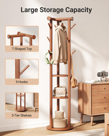 Pipishell Coat Rack Freestanding, Rolling Pine Wood Coat Tree with Wheels, 9 Hooks, T-Shaped Top & 3-Tier Shelves for Entryway, Hallway, Bedroom, Hall Tree for Coats, Bags, Hats & Scarves