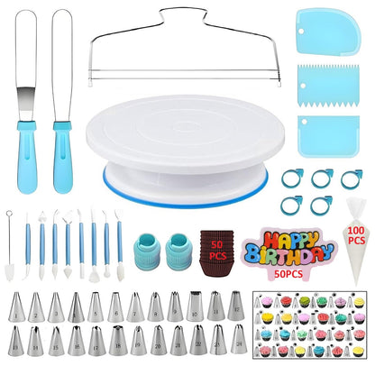 YOQXHY Cake Decorating Kit, 248 Pcs Baking Supplies Tools with Cake Turntable, Leveler, 24 Numbered Icing Tips, 2 Spatulas, 3 Scrapers, 2 Couplers, 50 Cupcake Liners, 100 Pastry Bags & More, (Blue)