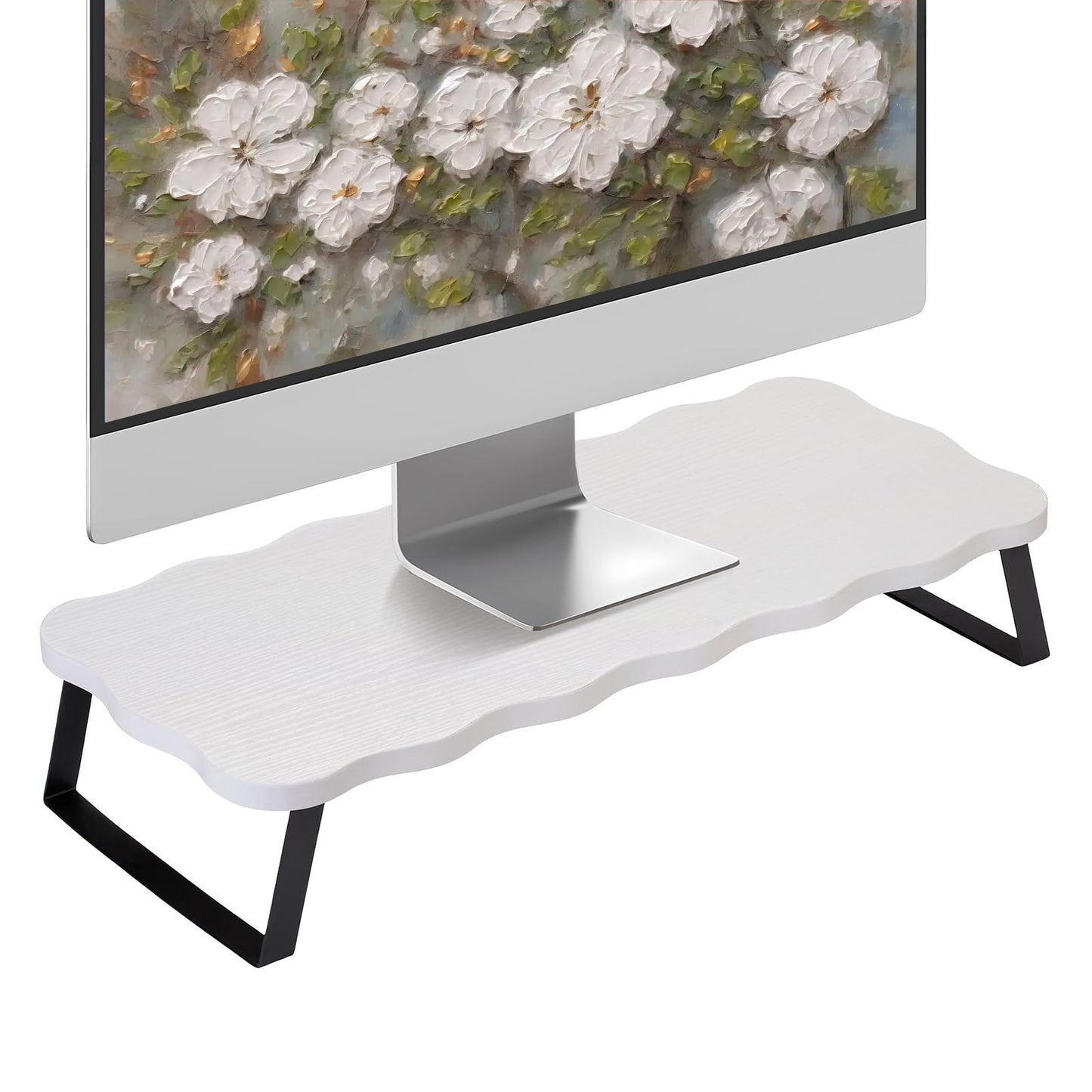 Monitor Stand Riser, Wooden Computer Stand for Desk, Wood and Steel Multi-Purpose Desktop Storage Laptop Riser Desk Shelf for Computer, Laptop, PC, Printer, 21.65 x 9.45 x 3.94 Inch Length (White/2 Pcs)