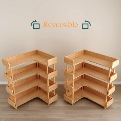 OSCHF Wooden Reversible Corner Bookshelf - Modern 4 Tiers L-Shaped Bookcase with Solid Wood Frame and Edge Protection for Home and Office, Open Storage Shelf, Oak