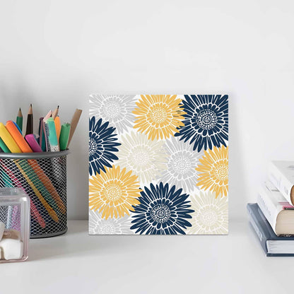 Navy Blue Gray Yellow Sunflowers Wood Box Sign Desk Decor, Abstract Blooming Floral Decorative Wooden Block Box Sign Decorations for Home Office Shelf Table Decor 6x6 Inches
