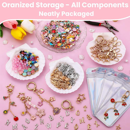 JOICEE 585Pcs Charms lip Gloss Keychain Making Kit, DIY Jewelry Crafts Making Kit with 192 Enamel Pendants 30 KeyChain Hooks 30 Chains and 333 Accessories Tools for Girls Adults Birthday Holiday Gifts