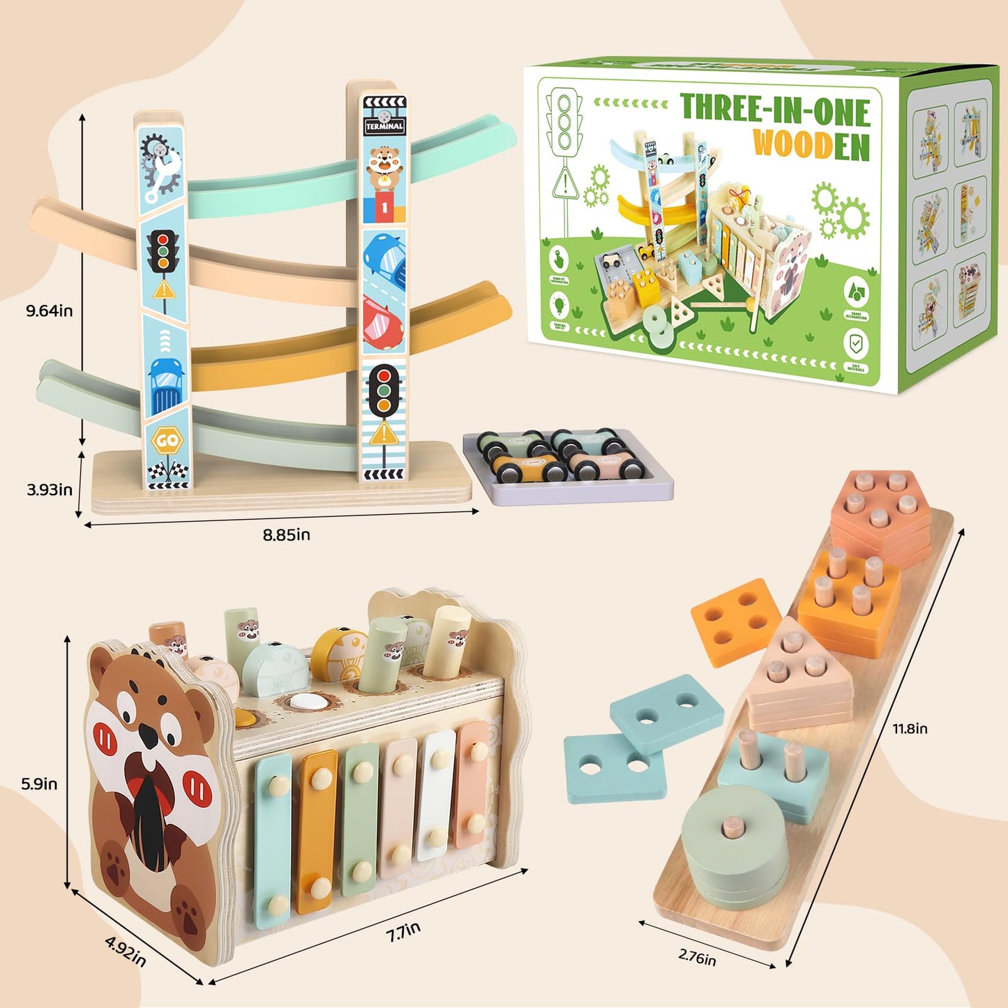 Wooden Montessori Toys for 1 Year Old, Sorting & Stacking Toys, Pounding Hammering Toy with Xylophone & Fishing Game, Car Ramp Toy 3 in 1 Wooden Toddler Toys 1 2 3 for Boys Girls Birthday Gifts