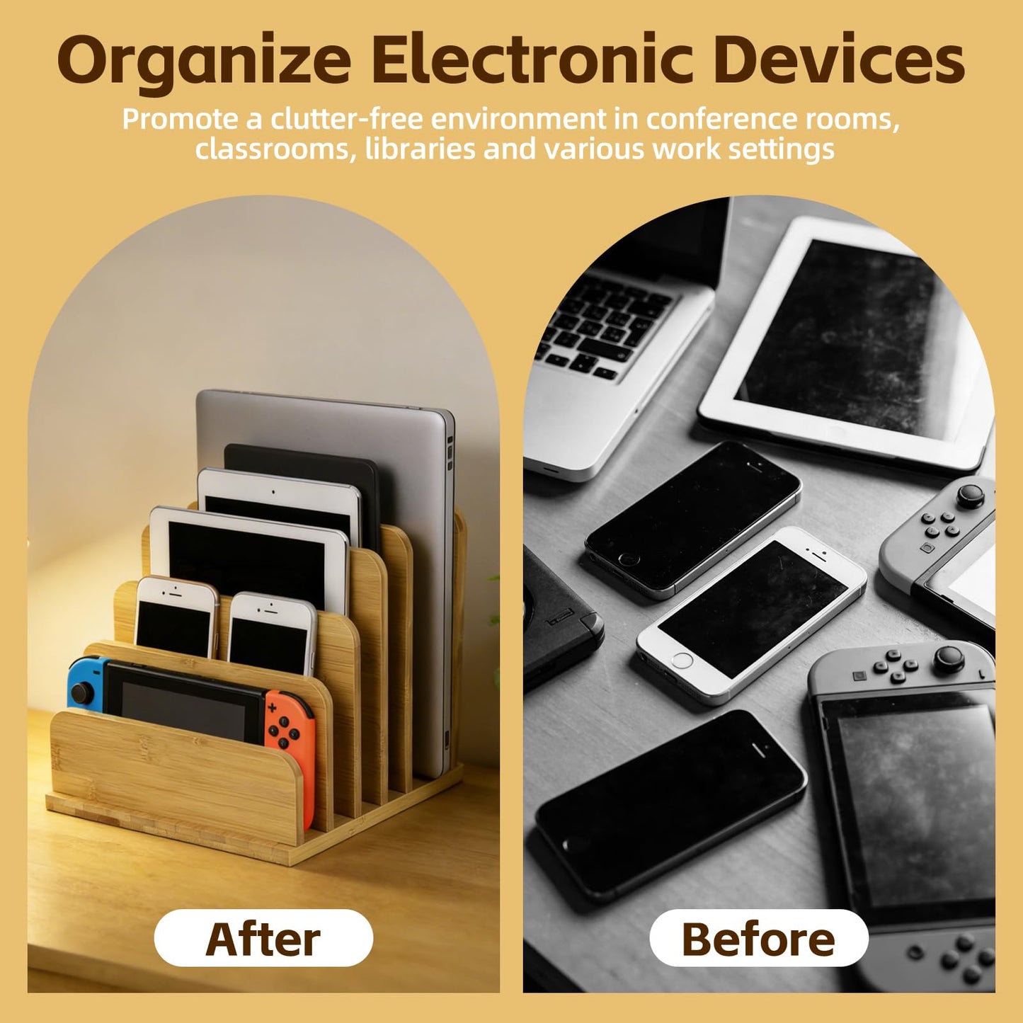 Device Organizer Holder, 5 Slots Bamboo Stand for Organizing Electronic Devices, Organize Tablets, Smartphones, Laptops, and Game Consoles, Slot Width are Adjustable, Also Organize Mails and Files