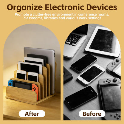 Device Organizer Holder, 5 Slots Bamboo Stand for Organizing Electronic Devices, Organize Tablets, Smartphones, Laptops, and Game Consoles, Slot Width are Adjustable, Also Organize Mails and Files