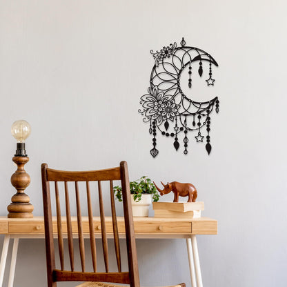 Xedatric Matte Black Moon Phase Wall Decor–Elegant Metal Moon Wall Art with Floral & Hanging Stars–Celestial Bedroom Decor for Indoor & Outdoor