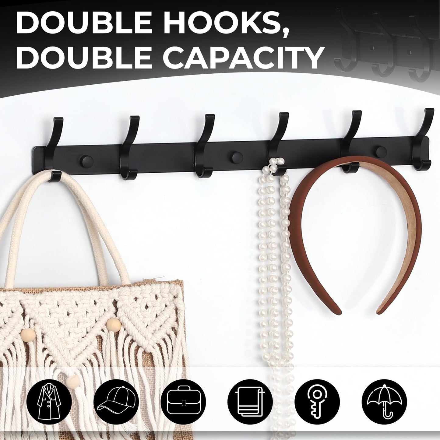 Dntorx Coat Rack Wall Mount, 2 Pack Coat Hooks Hanger Wall Double Hook Rack Rail Towel Hat Rack Entryway Bathroom Hanger Organizer for Robes, Clothes, Bags, Hat(Black)