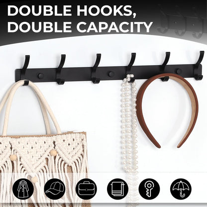 Dntorx Coat Rack Wall Mount, 2 Pack Coat Hooks Hanger Wall Double Hook Rack Rail Towel Hat Rack Entryway Bathroom Hanger Organizer for Robes, Clothes, Bags, Hat(Black)