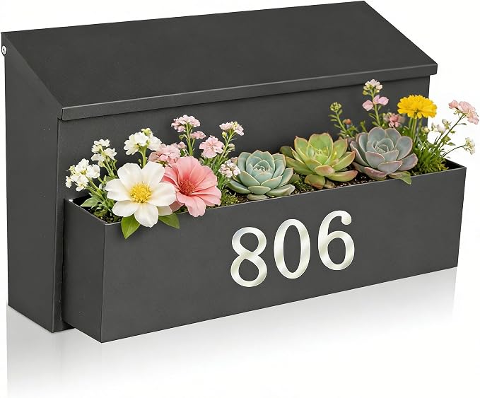 Ydocabinit Wall Mount Mailbox, Large Capacity for House, Outside, with 3 Sets of 0-9 Number Stickers & Flower Planter, Galvanized Steel Rust-Proof Metal Post Drop Box, 15.74"×9.84"×6.41" Black