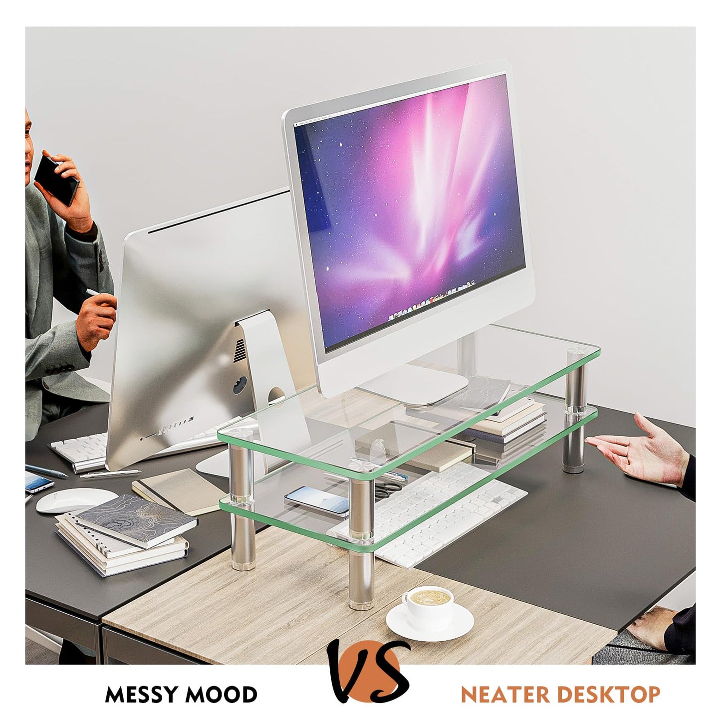 2 Pack Computer Monitor Riser with Height Adjustable Multi Media Desktop Stand for Flat Screen LCD LED TV, Laptop/Notebook/Xbox One,HD01T-201