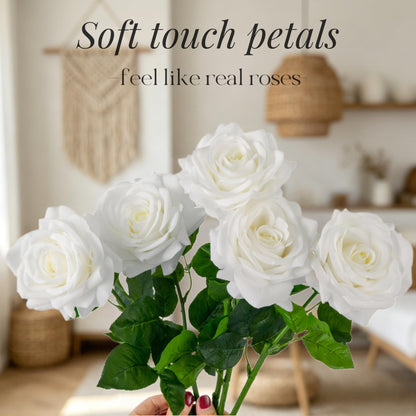 PIDOFOX Artificial Flowers, 5Pcs Real Touch White Roses, Realistic 4.3''Big Flower Head Faux Silk Roses Bouquets with Long Stem for Wedding DIY & Home Table Centerpieces Decoration