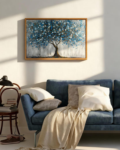ARPEOTCY 3D Textured Large Framed Canvas Wall Art Prints, Abstract Modern Hand-Painted Blue Tree of Life Oil Painting, Neutral Artwork Home Wall Decor for Living Room Bedroom Office, 16x24inch