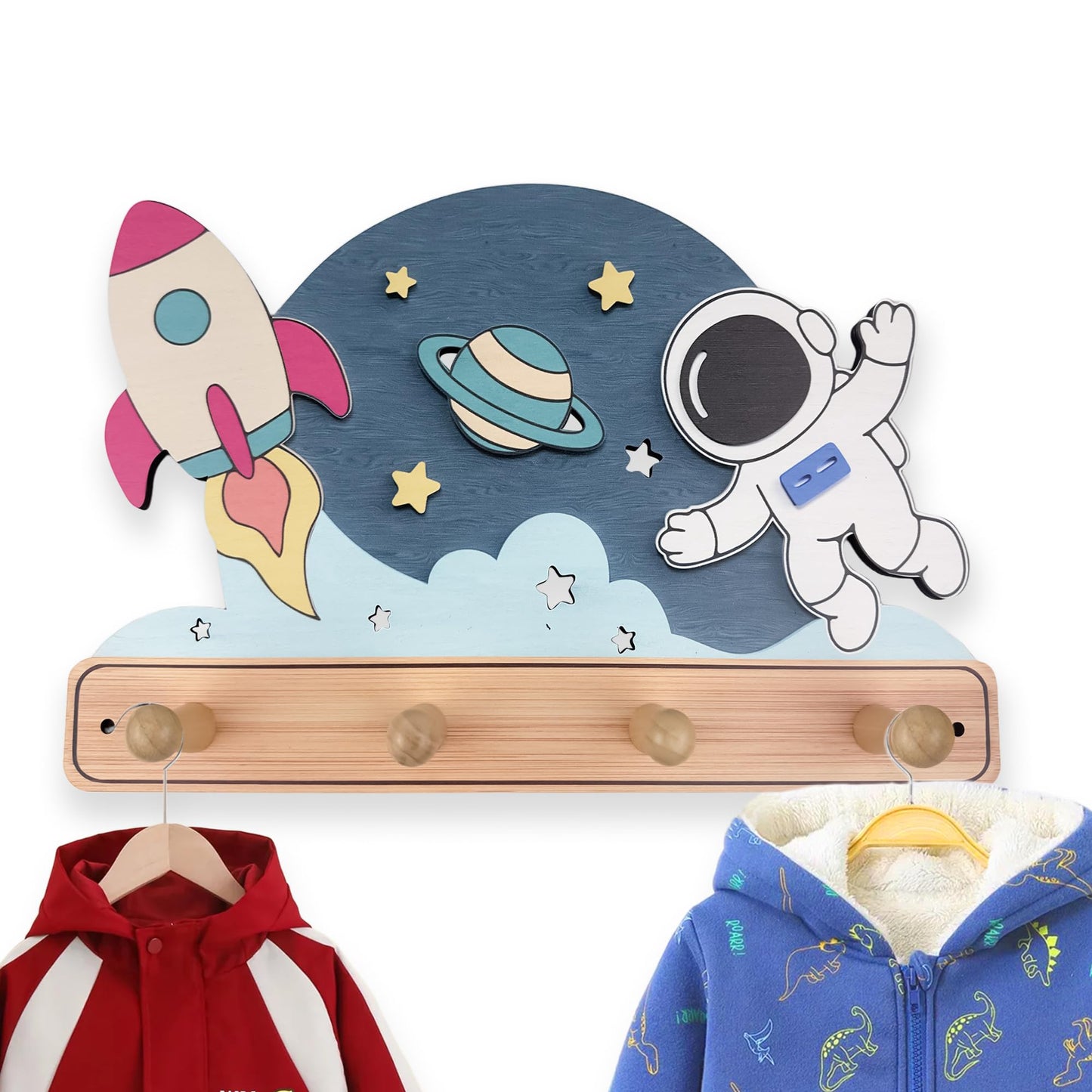 Midrean Wooden Organizer Cute Space Planet Rocket Kids Coat Rack Key Hanger Wall Mount for Coats Hats Towels Bags Hanging Decorative Wood Hook