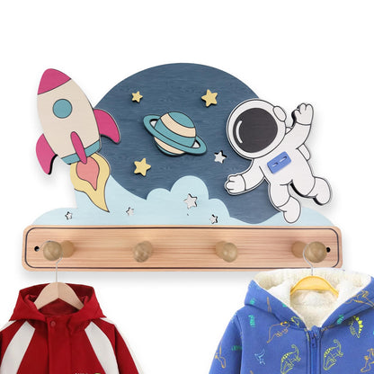 Midrean Wooden Organizer Cute Space Planet Rocket Kids Coat Rack Key Hanger Wall Mount for Coats Hats Towels Bags Hanging Decorative Wood Hook