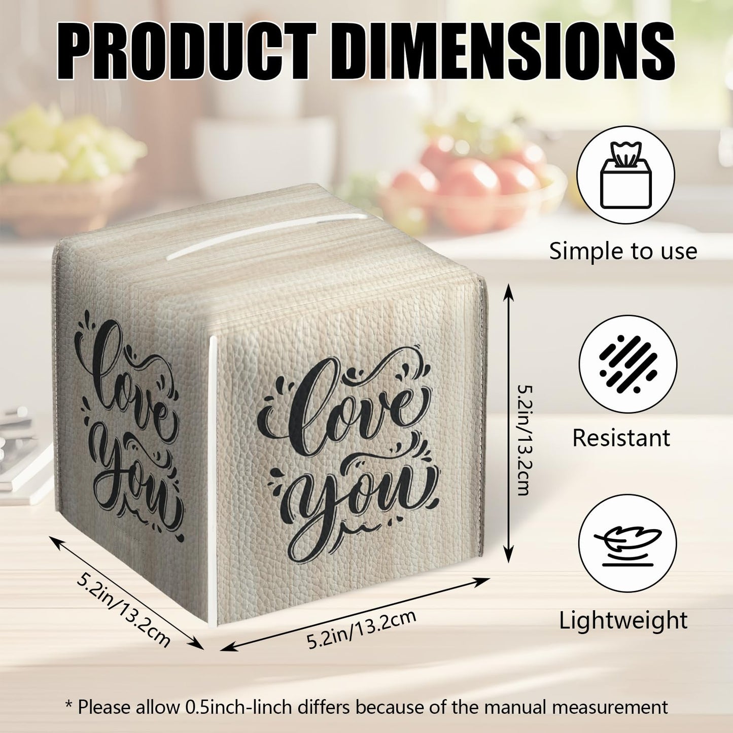 2 Pack Love You Tissue Box Cover Square Wooden Board Texture PU Leather Tissue Box Holder Waterproof Facial Paper Organizer Dispenser for Bathroom Kitchen Home Office Car