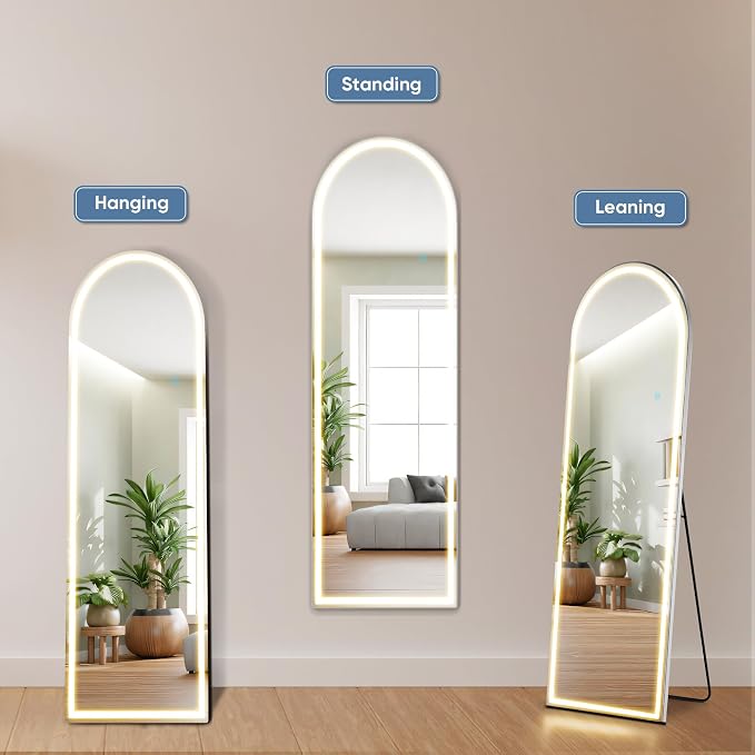 OLIXIS 16"x 60" Arched LED Full Length Mirror with Lights, Standing Lighted Floor Full Body Mirror with 3 Color Lighting, Wall Mounted Mirrors for Bedroom, Home, Entryway with Tempered Glass