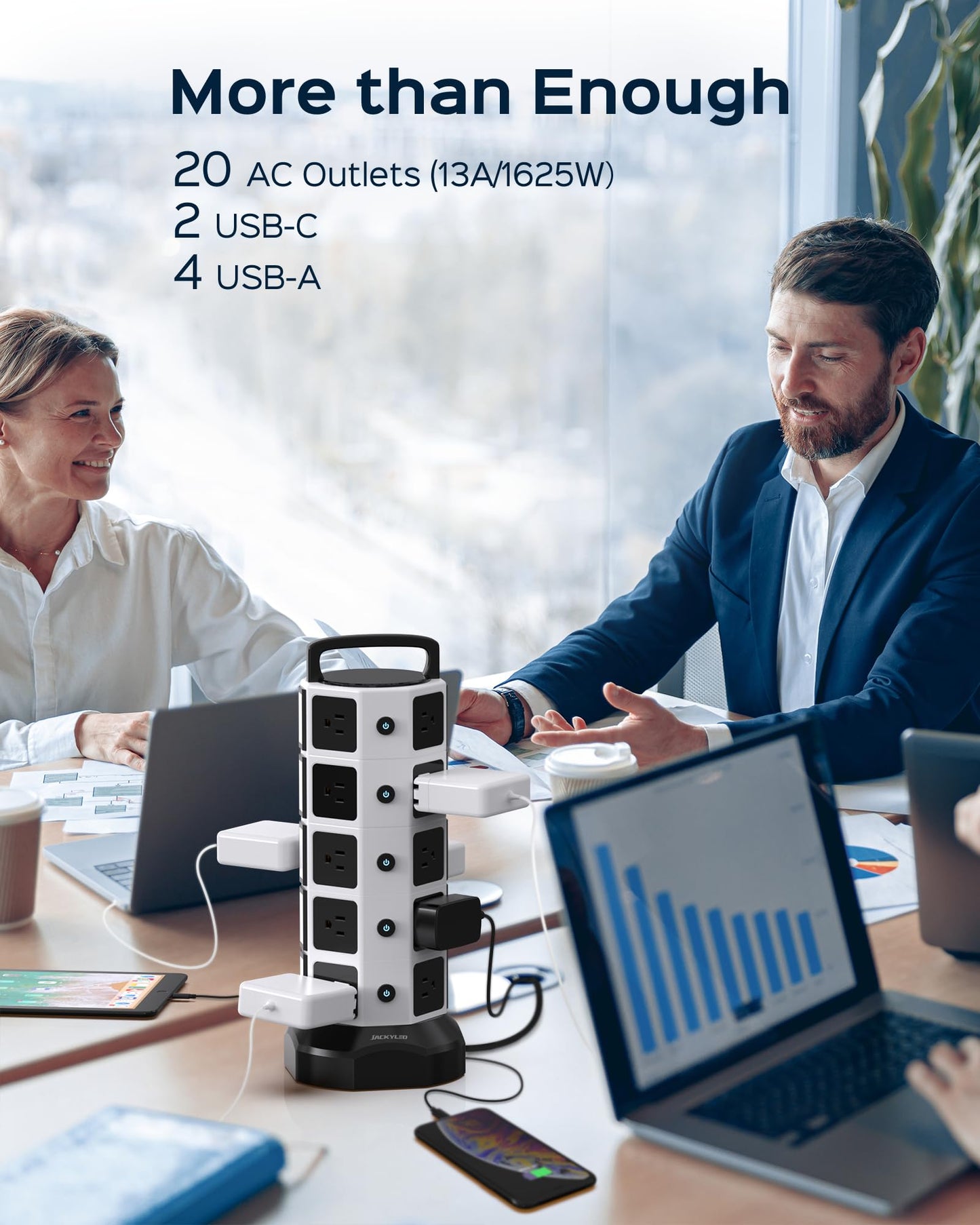 Power Strip Tower Surge Protector, JACKYLED 20 Outlets 6 USB (2 USB C) Charging Station, Extension Cord with Multiple Outlets, 1050J 1625W/13A Outlet Extender 6.5ft Extension Cord for Home Office