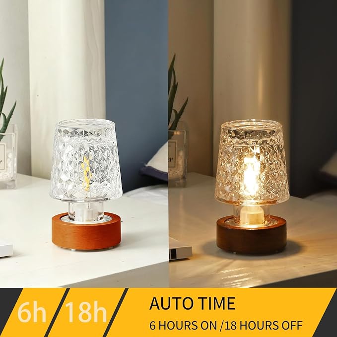 Mini Soft Warm LED Night Light, Battery Operated Portable Glass Lamp with Timer, Art Deco Style, Crystal Color, for Adults
