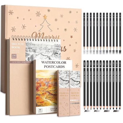 SuFly Sketchbook and Pencils Sets, Sketch Supplies Complete: Sketchbook 9x12, Watercolor Postcards, Graphite (12B-4H), Charcoal Pencils (Hard/Medium/Soft), Sketching Kit for Kids 9-12.