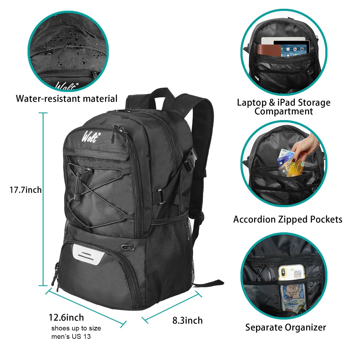 WOLT | Basketball Backpack Large Sports Bag with Separate Ball Holder & Shoes Compartment, Best for Basketball, Soccer, Volleyball, Swim, Gym, Travel(Black)