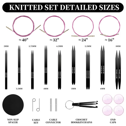 Froggod 4.53-inch (11.5cm) Interchangeable Circular Knitting Needles Set Aluminum US Sizes 2.5, 4, 5, 6, 7, 8, 9, 10, 11 with Interchangeable Knitting Needles and Cables, Accessories and Case, 9 Pairs