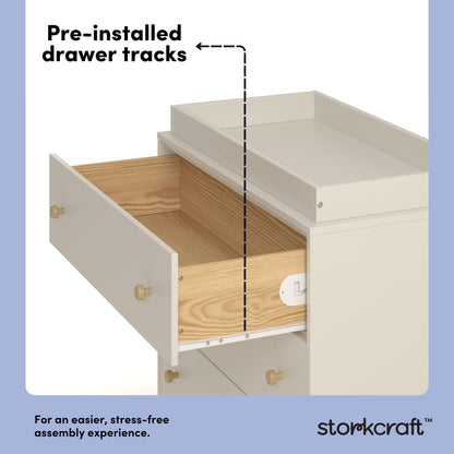 Storkcraft Texas 3 Drawer Chest with Removable Changing Table Topper (Frosted Oat/Driftwood) – GREENGUARD Gold Certified Baby Dresser, Interlocking Drawer System for Nursery & Kids’ Bedroom Dresser