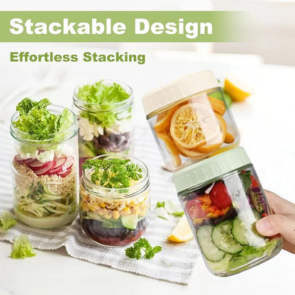 SHOWIN Overnight Oats Containers with Lids, 24oz Glass Jars with Lids 2 pcs, Pink, Wide Mouth Mason jars for Salad, Yogurt, Snacks, Meal Prep