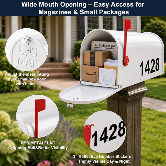 Mailbox for Outside,Metal Post Mount Outdoor MailBoxes - with Tools,Screws,Number Stickers,Red Flag Indicated,Medium Capacity,Galvanized Steel,Waterproof Mail Box for House Outside,20 x 8.7 x 6.7 ”
