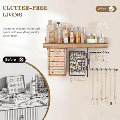 SOLIMINTR Hanging Jewelry Organizer Wall Mount with Rustic Wood Shelf, Ring Display Box, Ear Studs Earring Holder, Rotating Necklace Holder Organizer