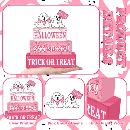 4 Pcs Pink Halloween Decor Indoor Wooden Tiered Tray Decorations, Pink Ghost Halloween Table Decor Farmhouse Tabletop Centerpieces for Farmhouse Home Kitchen Mantel Office