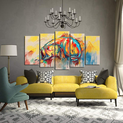 KREATIVE ARTS 5 Piece Canvas Wall Art for Living Room Large Mouth Bass Fish Paintings Giclee Artwork Modern Home Decor Wooden Framed Poster and Prints Ready to Hang (Large Size 60x32inch)
