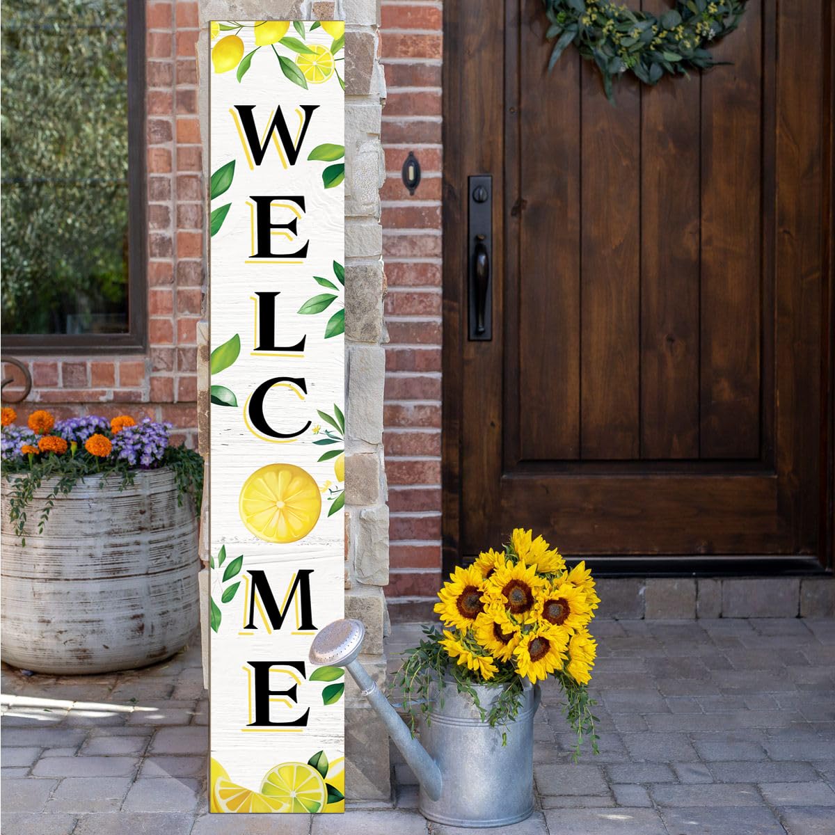 Summer Wooden Porch Sign 47" Large Lemon Welcome Sign Vertical Indoor Outdoor Standing Sign For Garden Home Yard Farmhouse