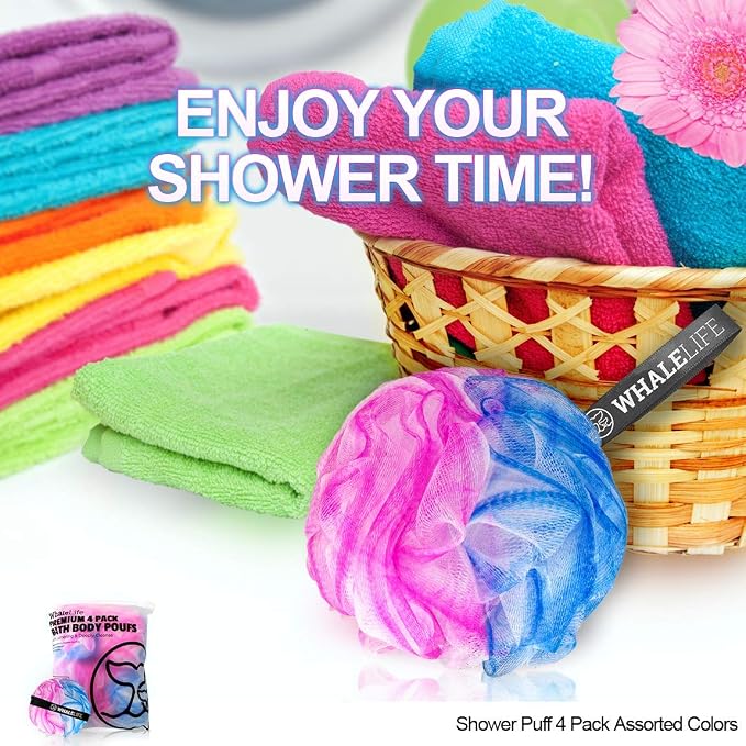Loofah Sponge Bath Sponge for Women Men 4 Pack (Blue Pink Conbine)