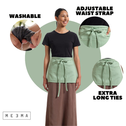 MEEMA Chef Waist Apron Cotton Fabric |Washable & Breathable Waitress & Server Half Aprons for Women with Pockets & Long Waist Straps | Cooking, Baking, Grilling & Crafting