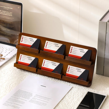 Leinuosen 2 Tie Wood Business Card Holder for Desk 6 Slot Wooden Business Card Display Stand Multiple 2 Tie Detachable Organizer for Desktop Office Home Exhibition Meeting (13 x 6.3 Inch)