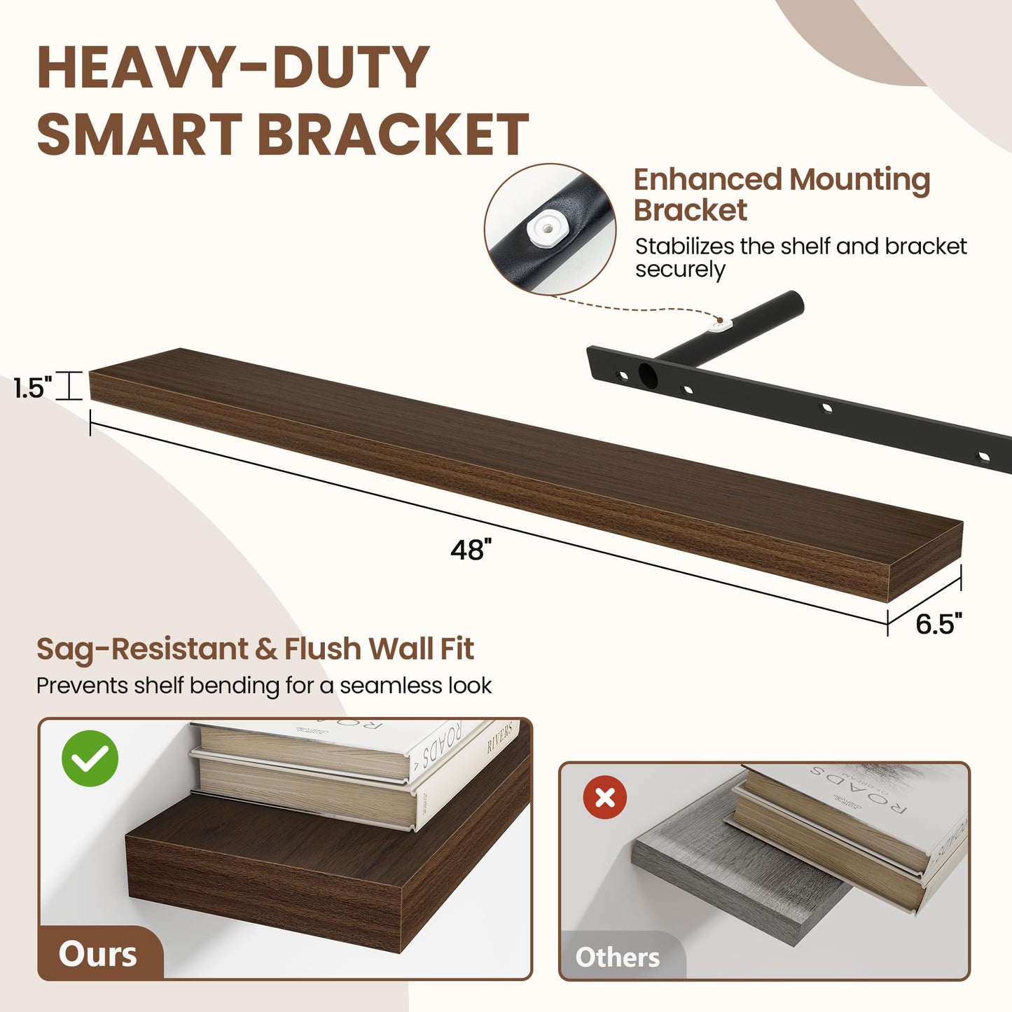 Acovy 48 Inch Floating Shelves for Wall 1 Pack, 48" Wall Shelves for Books, Storage, Decor, Wall Mounted Floating Shelf with Invisible Brackets for Kitchen, Living Room, Walnut