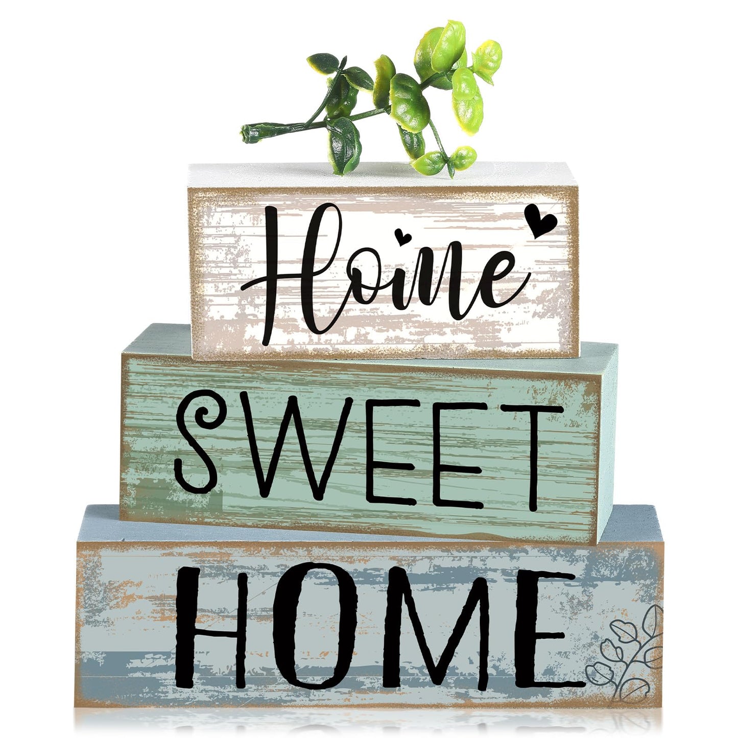 Moucuny 4 Pcs Wooden Farmhouse Table Decor Rustic Home Sweet Home Stacked Blocks Decoration Farmhouse Tiered Tray Decor Decorative Eucalyptus Block Signs Gift for Kitchen Shelf Coffee Table