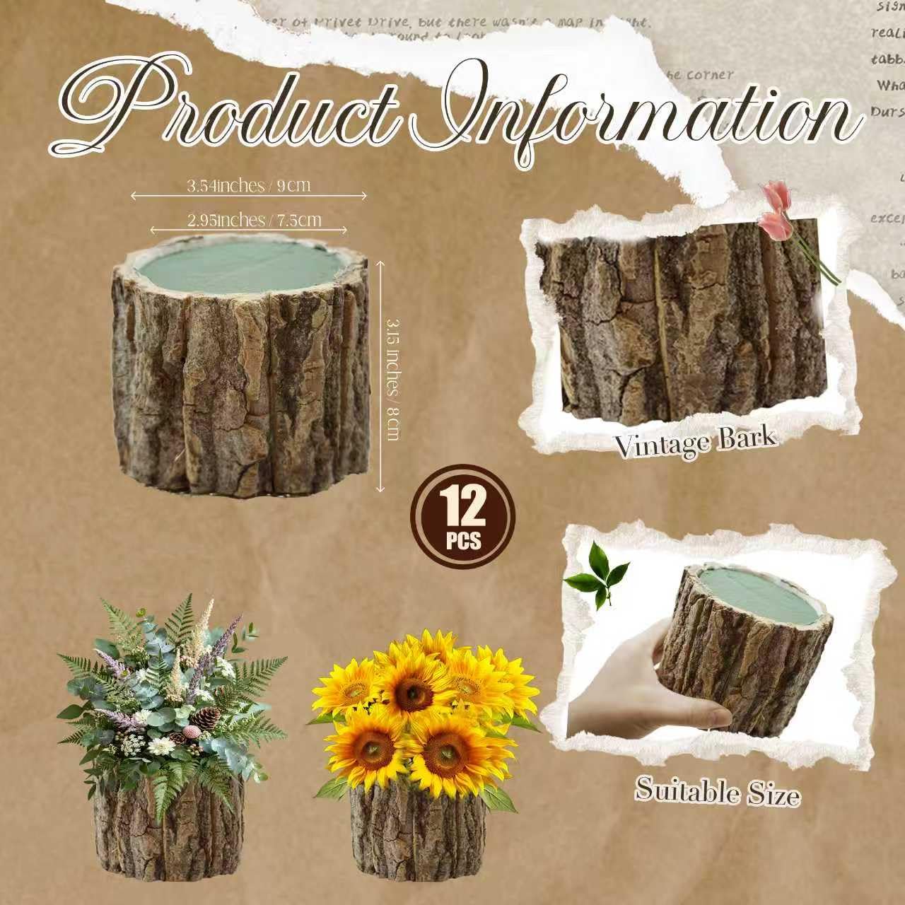 12 Set 3.5in Wooden Vases for Centerpieces, Wedding Flower Table Wood Vase Rustic Tree Stump Planter Pots with Foam Blocks for Woodland Party Home Farmhouse Table Decor (12 Set with Flower Foam)