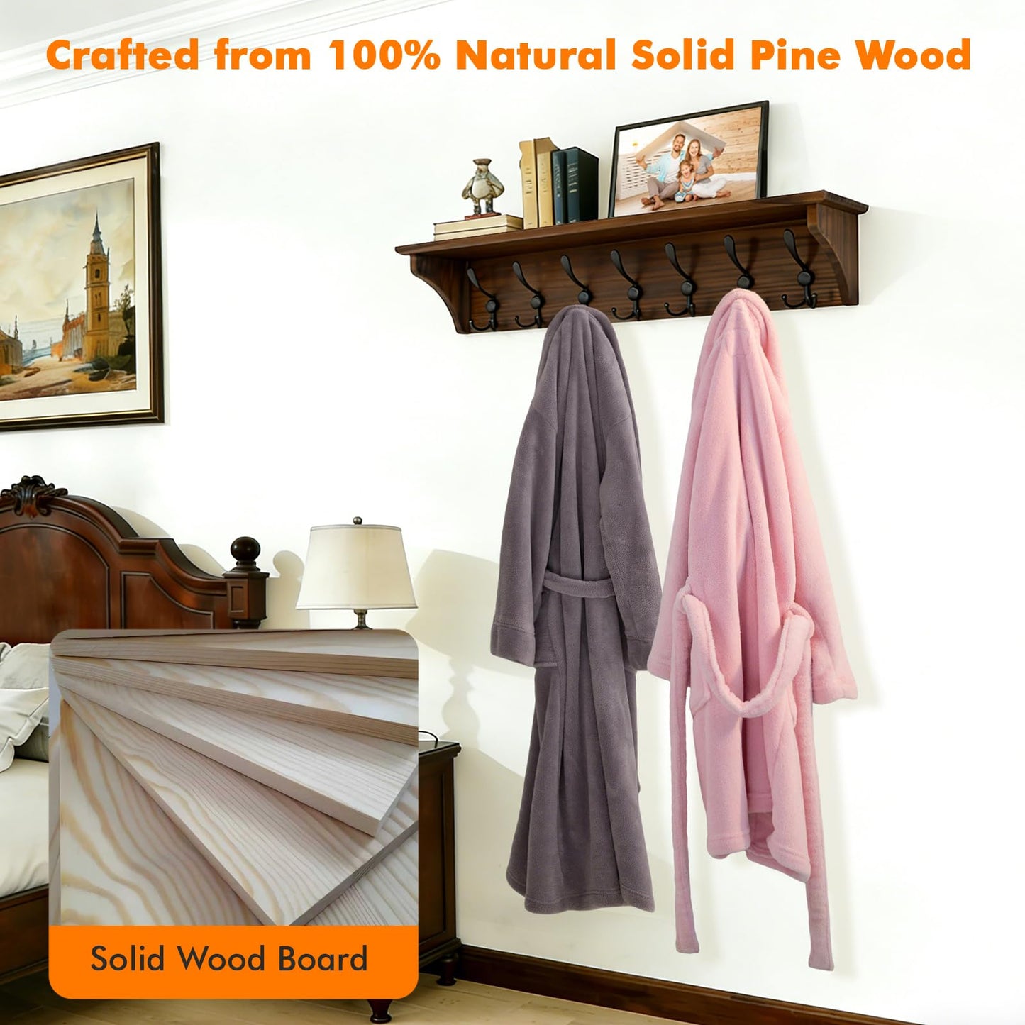 33" Coat Rack with Shelf Wall Mount, Pre-Assembled Solid Wood Coat Hooks with Shelf, Wall Coat Hanger with 7 Metal Triple-Hooks for Hanging Hat,Key,Clothes,Towel, for Entryway,Bedroom,Bathroom,Charred