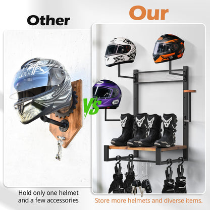 TheElves Motorcycle Helmet Holder Wall Mount, Heavy-Duty Helmet Rack with 4 Helmet Holder & 4 Glove Clips & 4 Hooks, Rustic Wooden Motorcycle Gear Storage Organizer for Helmets, Jackets, Accessories