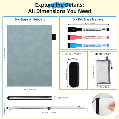 AGM Portable White Board Dry Erase Notebook, 8.4" x 6" Double Sided Folding Whiteboards with 3 Pens, Small Travel Dry Erase Board Skin-Friendly Material for Study, Meeting, Planning, Ocean Blue