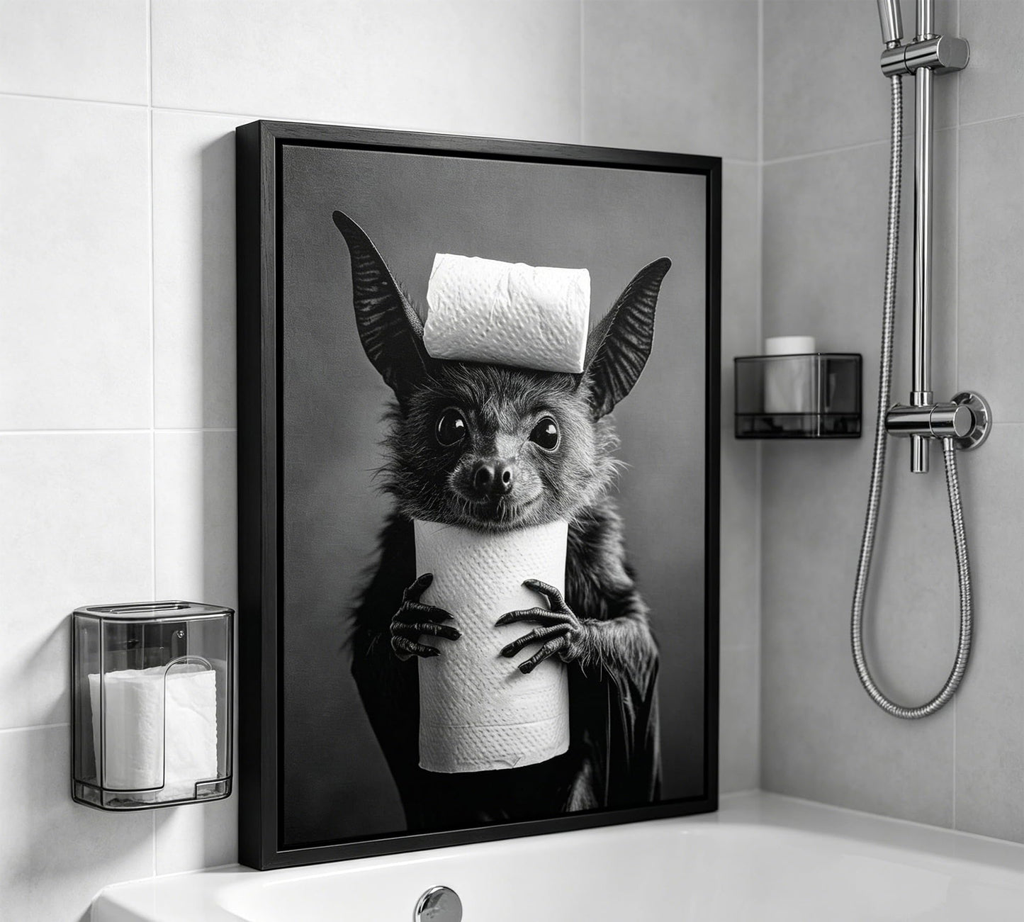 Funny Bat Bathroom Framed Wall Art, Black and White Cute Bat with Toilet Paper Wall Decor, Humorous Animal Bathroom Canvas Print for Restroom, Powder Room, Toilet, Home Decoration 8x10 Inch