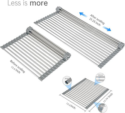 Large Expandable Roll Up Dish Drying Rack, Heat-Resistant Dish Drainer for Stainless Steel Sinks, Over The Sink Non-Slip Silicone Rollable Dish Drainer Roll Rack 18 Tube Gray 21.25''x12.79''