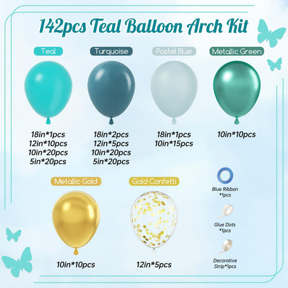 142pcs Teal Turquoise Balloon Arch Garland Kit with Teal Turquoise Pastel Blue Metallic Green Gold Confetti Balloons for Anniversary Bridal Shower Baby Shower Birthday Party Decorations
