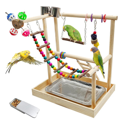 PINVNBY Bird Playground Parrot Playstand Play Gym Cockatiel Wood Bird Toys Birds Cage Accessories Playpen Ladder with Feeder Cups Hanging Swing Toys for Parakeet Conure Lovebird Cockatiel