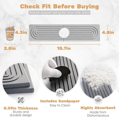 15.7''x4.8''Stone Faucet Mat for Kitchen Sink, Diatomite Quick Dry Kitchen Sink