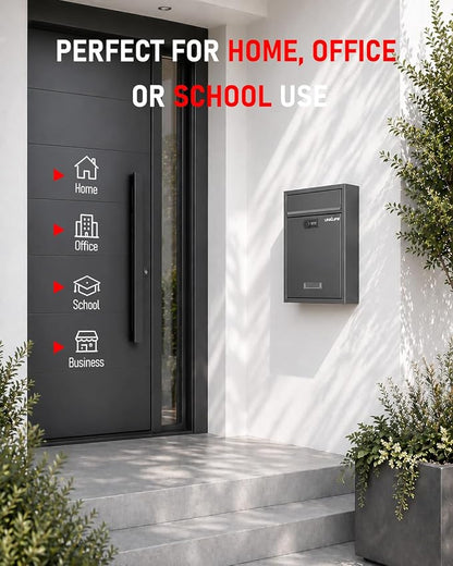 Uniclife Wall Mount Mailbox for Outside, Large Locking Mailbox with Combination Lock, Security Mail Box for House, Safe Key Drop Box, Post Box, Steel Cash Drop Box for Home Office School, Black