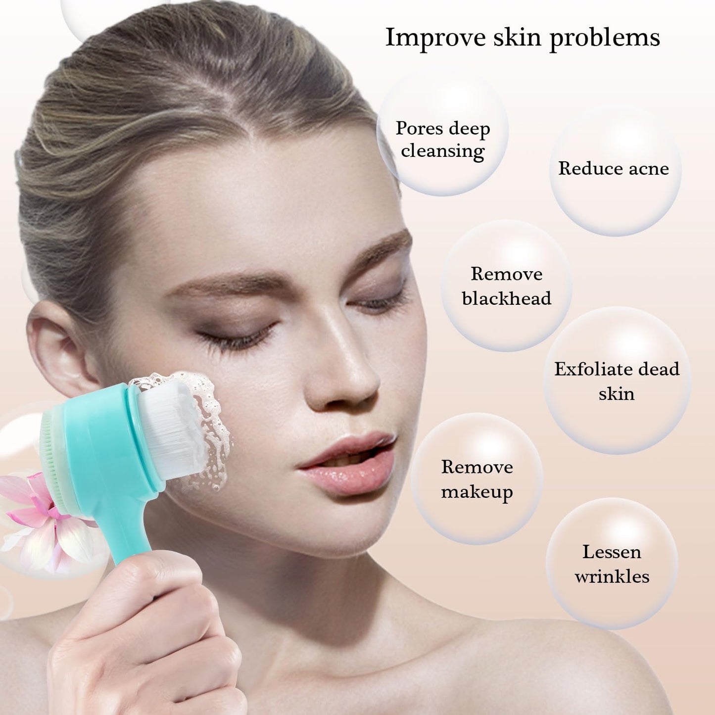 Face Brush 2 in 1, Facial Cleansing Exfoliating Scrubber Brush, Silicone Double Side Manual Face Wash Scrub Brush with Soft Bamboo Charcoal Fiber for Deep Pore Cleansing, Massaging, Skin Care