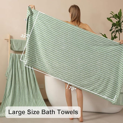 Oliven 4 Piece Green Cabana Stripe Large Bath Towels Oversized Bath Sheet Super